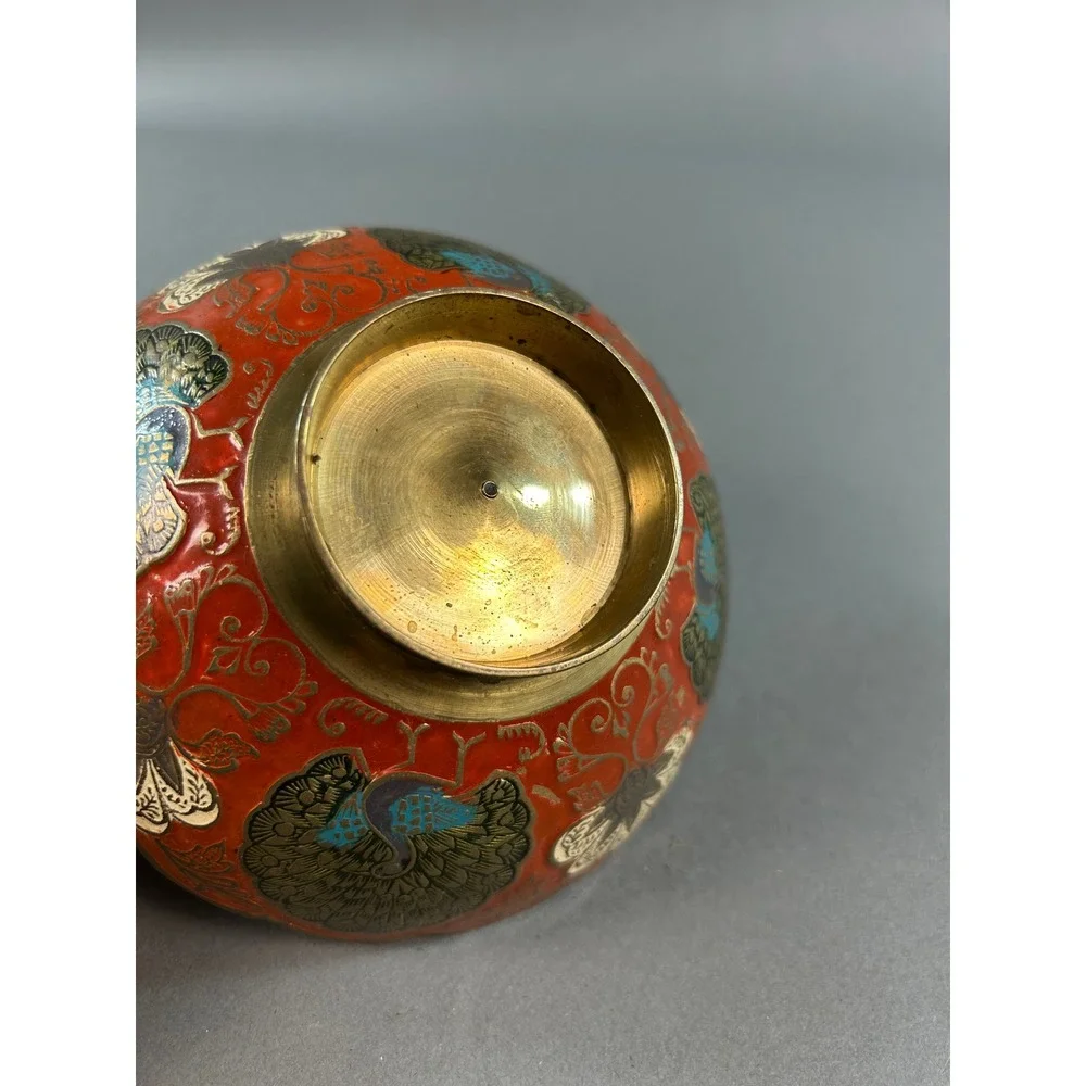 Vintage Brass Enamel Peacock Bowl Red Blue Scalloped Edge Decorative Dish 5 inch